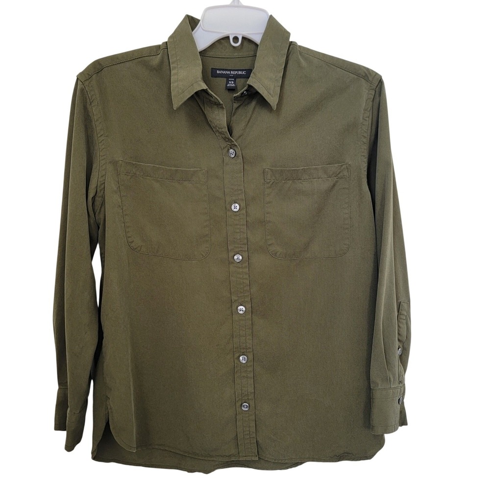 Banana Republic Army Green Button Up Long Sleeves Sz XS Petite Utility Mangrove